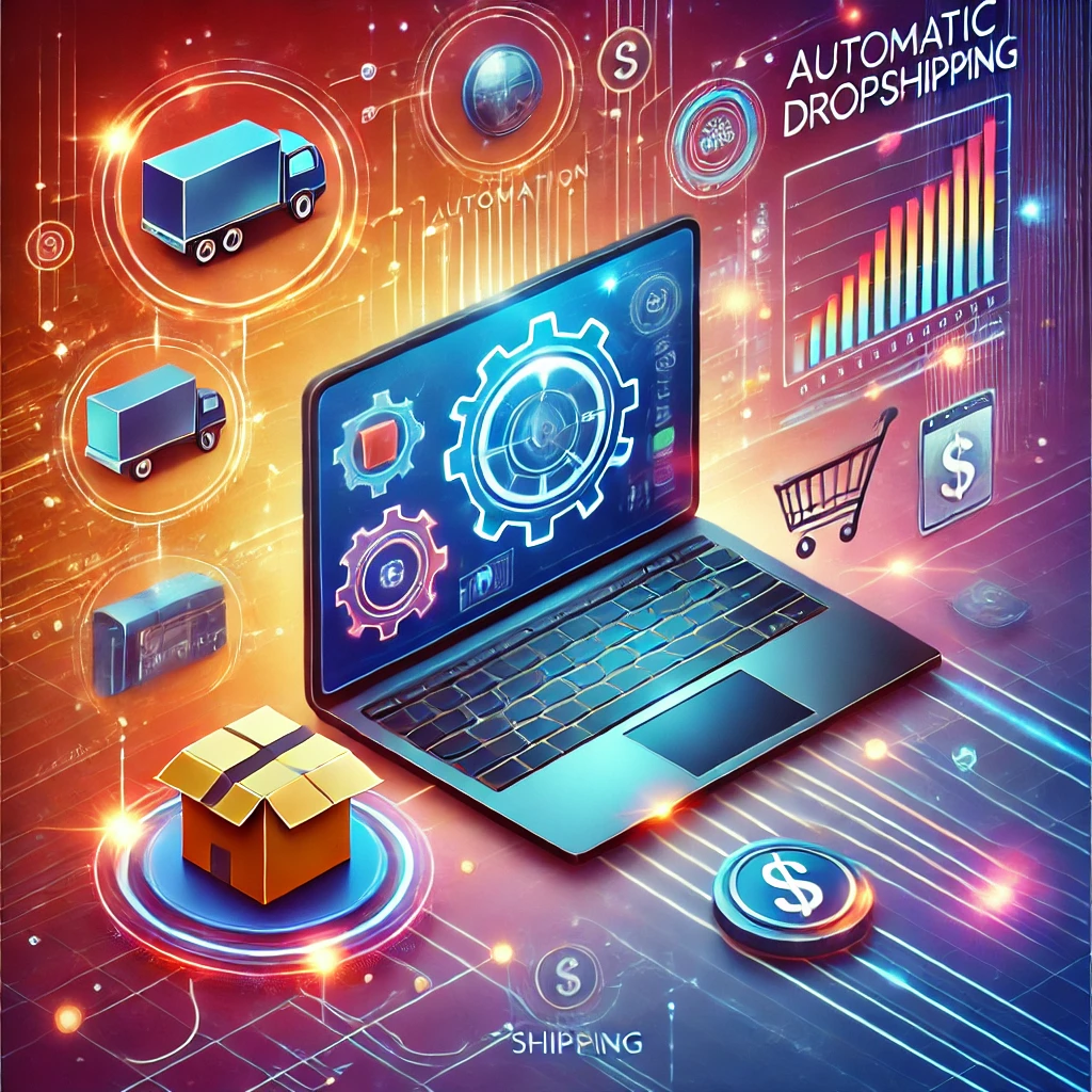 DALL·E 2024 10 05 15.03.36 A vibrant modern image illustrating the concept of automatic dropshipping with technology. The image should feature a laptop screen showing a dashboa