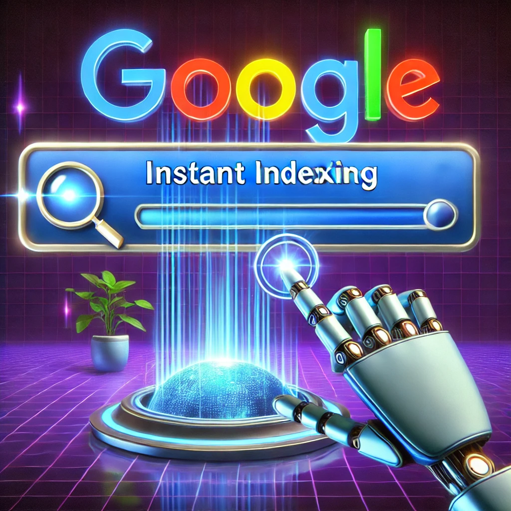 Futuristic digital illustration of a search engine interface with a glowing Google logo, a robotic hand clicking 'Instant Indexing,' and a progress bar completing in seconds, symbolizing fast website crawling and indexing.