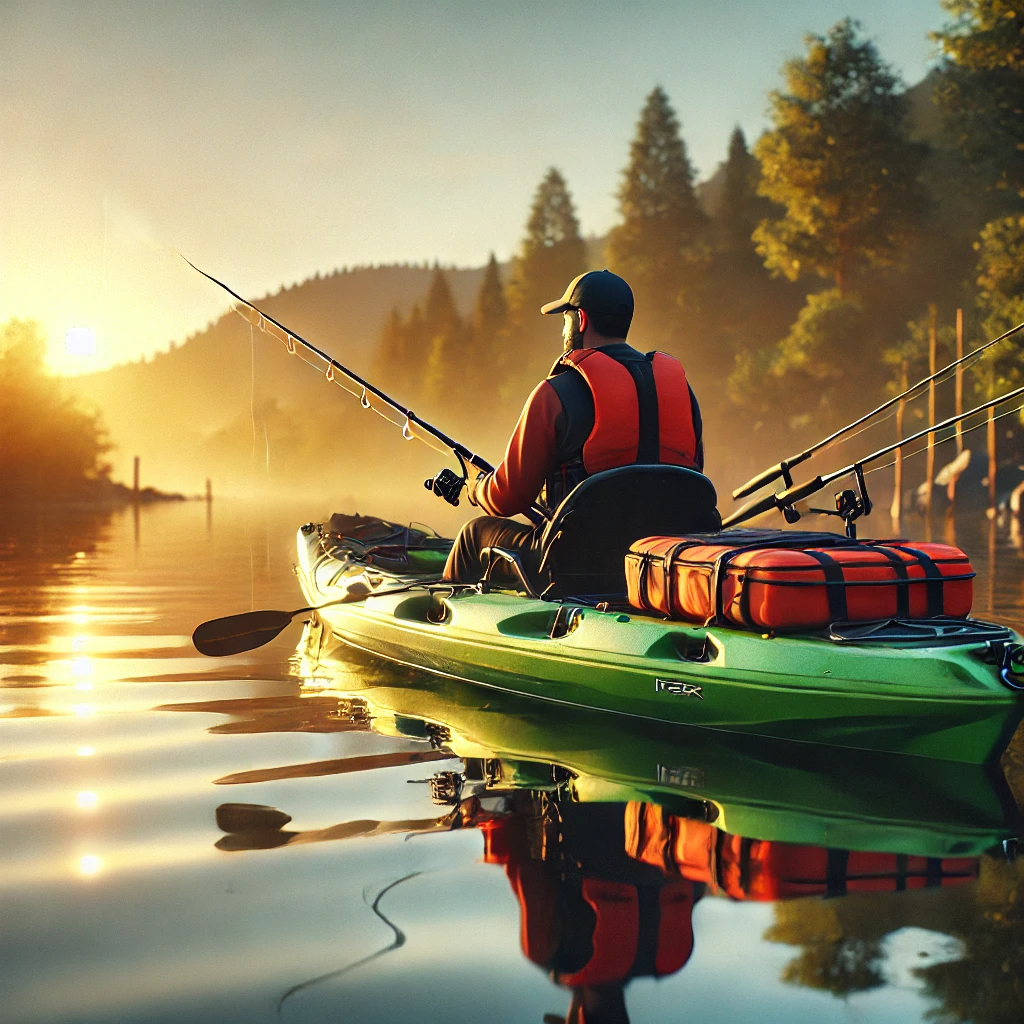 Angler in a bright sit-on-top kayak fishing at sunrise on a calm lak